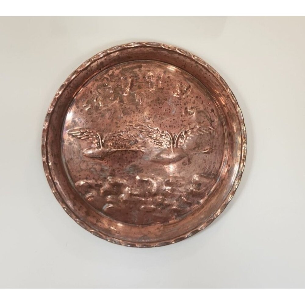 Vintage Copper Wall Hanging Plate With Flying Geese Design